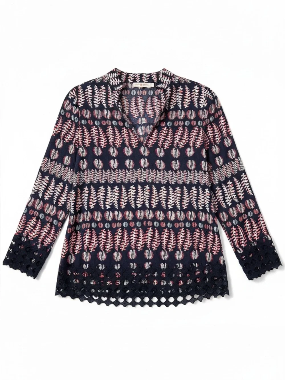 Tory Burch Navy Fern Crochet Hem & Cuff Long Sleeved Tunic Size 4
